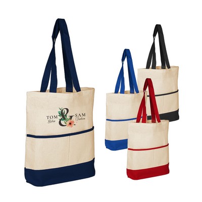 100% Cotton Canvas Tote Bag W/Color Accent Pocket
